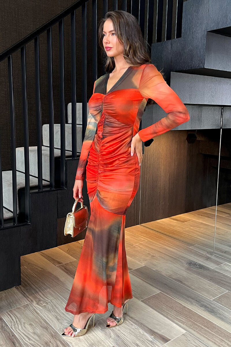 Orange Ombre Mesh Contrast Ruched Front Bodycon Midi Dress