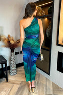 Green And Purple Tie Dye Print One Shoulder Knot Skirt Mesh Midi Dress