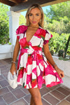 Pink And Cream Floral Print Wrap Top Tie Waist Skater Mini Dress