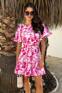 Pink And White Floral Print Butterfly Sleeve Skater Mini Dress