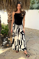 Black And Cream Abstract Print 2 in 1 Ruched Side Tie Straps Midi Dress