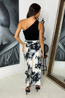 Black And White Marble Print Satin Midi Skirt