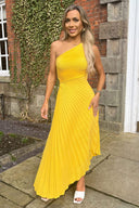 Yellow One Shoulder Cut Out Pleated Midi Dress