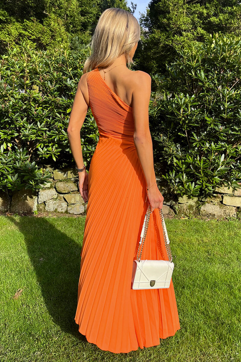 Blood Orange One Shoulder Cut Out Pleated Midi Dress