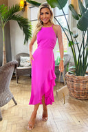 Hot Pink Racer Neck High Low Frill Hem Midi Dress