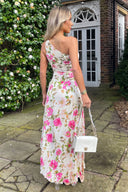 Cream and Pink Floral Print One Shoulder Pleated Satin Midi Dress