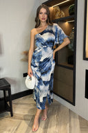 Navy Marble Print One Shoulder Wrap Skirt Midi Dress