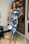 Navy Marble Print One Shoulder Wrap Skirt Midi Dress