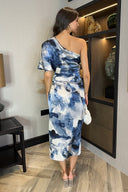 Navy Marble Print One Shoulder Wrap Skirt Midi Dress