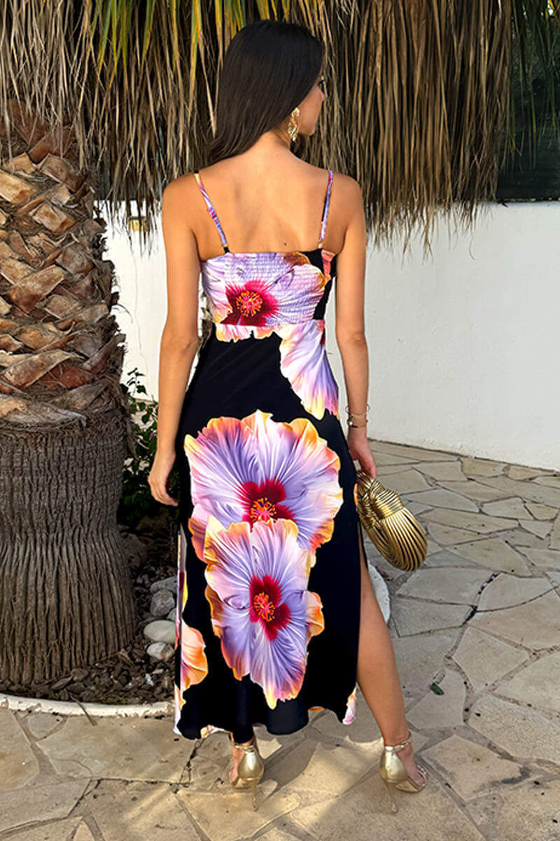 Black And Lilac Floral Print Strappy Slip Midi Dress