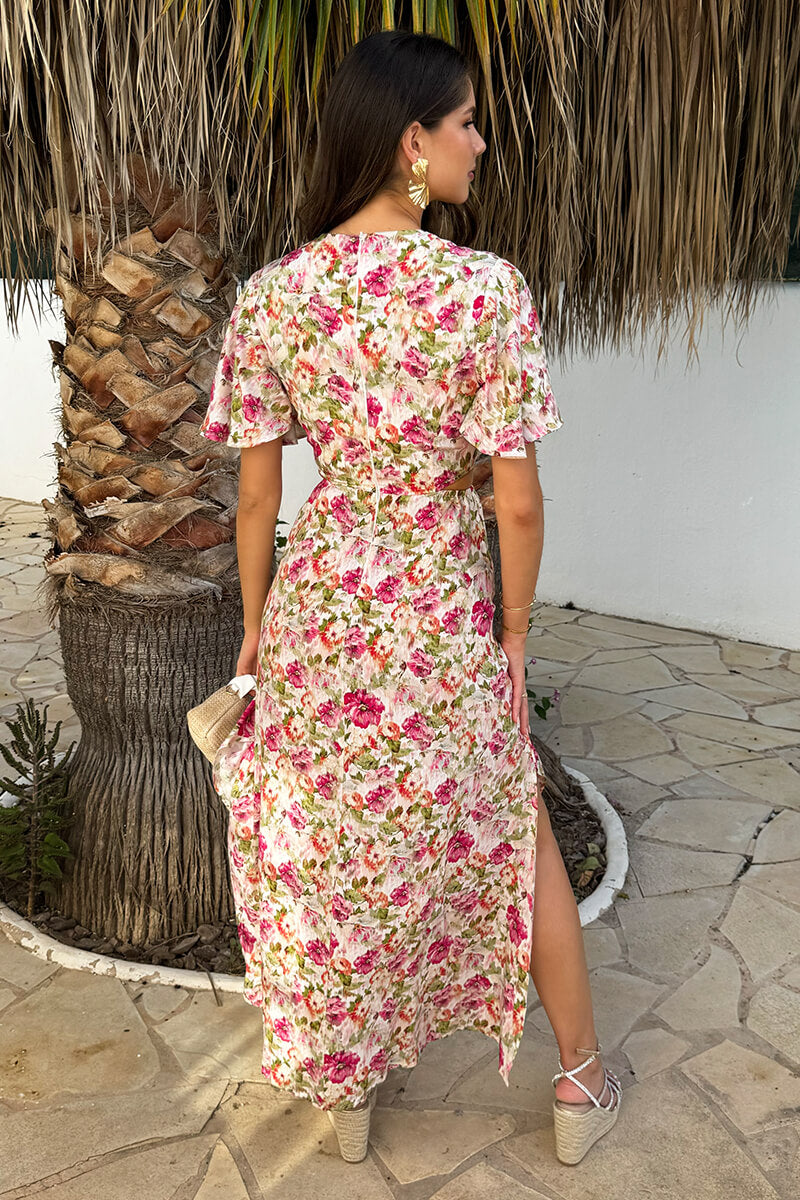 Multi Garden Print V Neck Cut Out Knot Detail Midi Dress