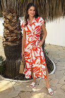 Orange And Cream Tropical Print Tie Waist Shirt Midi Dress