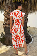 Orange And Cream Tropical Print Tie Waist Shirt Midi Dress