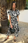 Black And Cream Abstract Print Button Front Collared Tie Waist Jumpsuit