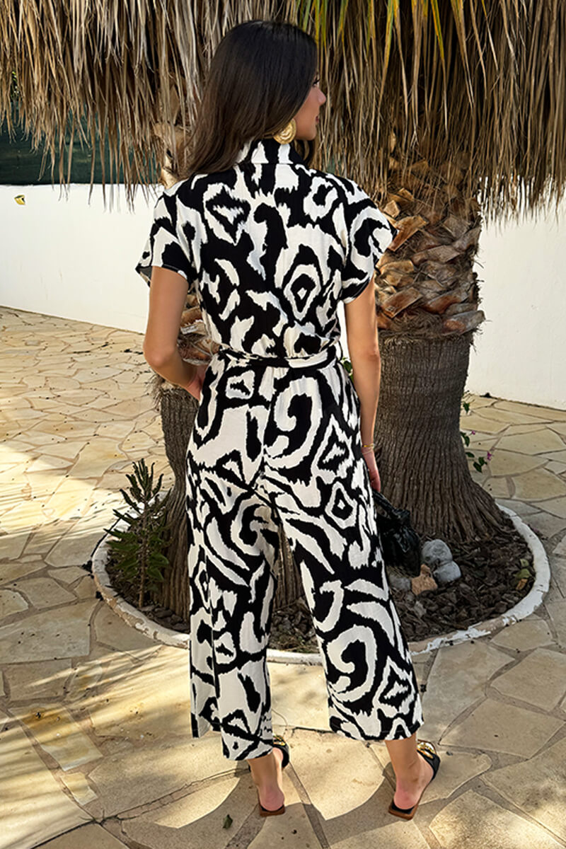 Black And Cream Abstract Print Button Front Collared Tie Waist Jumpsuit