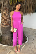 Hot Pink Strappy Racer Neck Jumpsuit