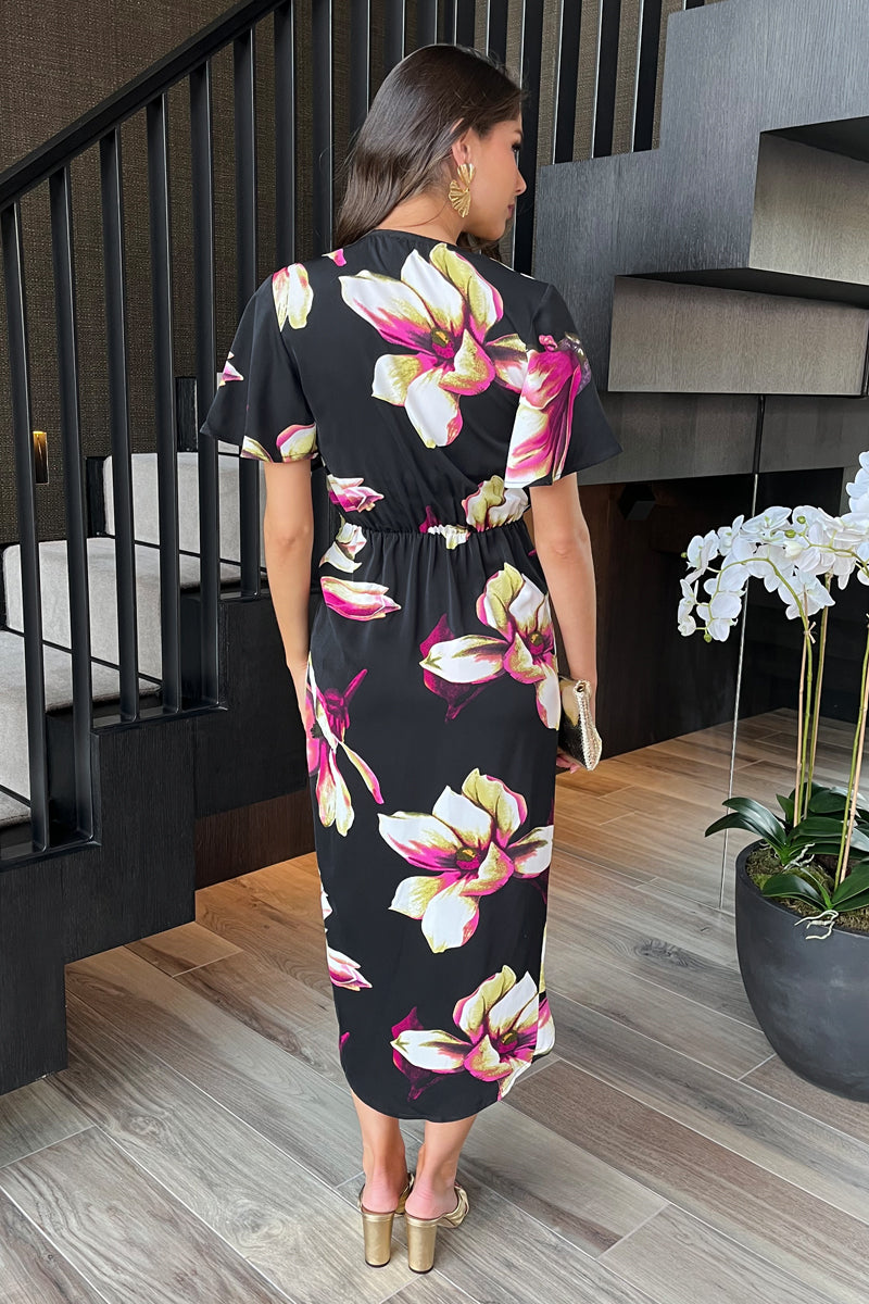 Black Floral Print Short Sleeve Ring Detail Wrap Midi Dress