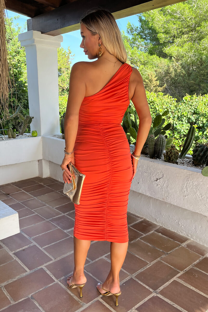 Burnt Orange One Shoulder Ring Detail Ruched Bodycon Midi Dress