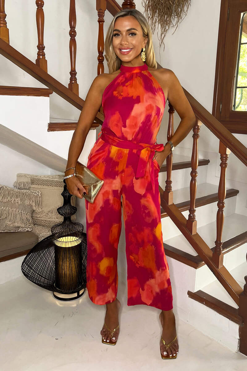 Pink And Orange Smudge Print Halter Neck Tie Waist Jumpsuit