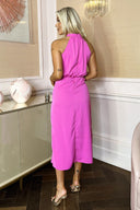 Hot Pink Halter Neck Dipped Hem Midi Dress