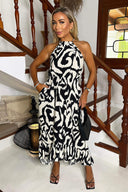 Black And White Abstract Print Racer Neck Frill Hem Midi Dress