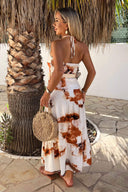 Rust And Cream Smudge Print Halterneck Straw Belt Tiered Midi Dress