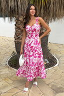 Pink And White Floral Print Shirred Straps Tiered Midi Dress