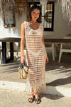 Cream Open Stitch Crochet Tassel Midi Dress