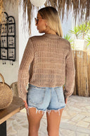 Mocha Crochet Round Neck Long Sleeve Top