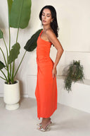 Burnt Orange One Shoulder Knot Skirt Midi Dress