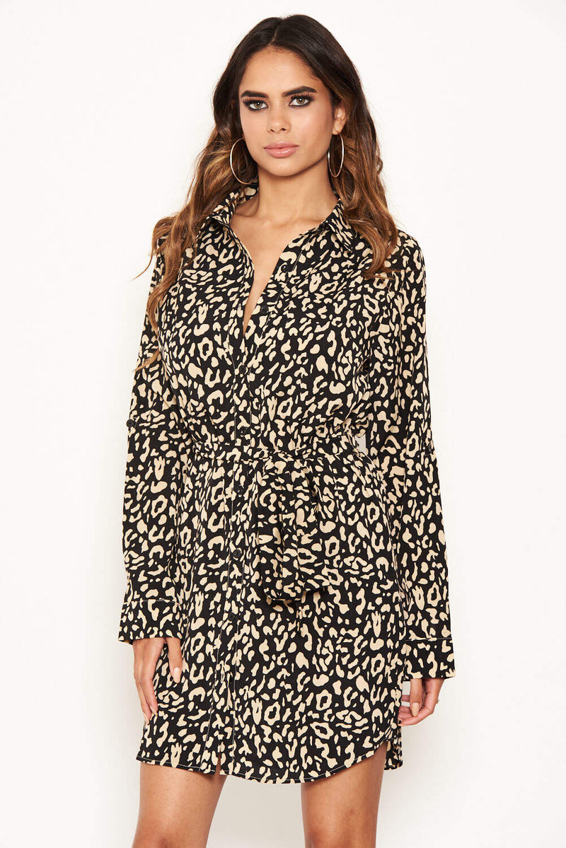 Animal Print Shirt Dress With Tie Belt