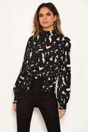 Black Abstract Print High Neck Top