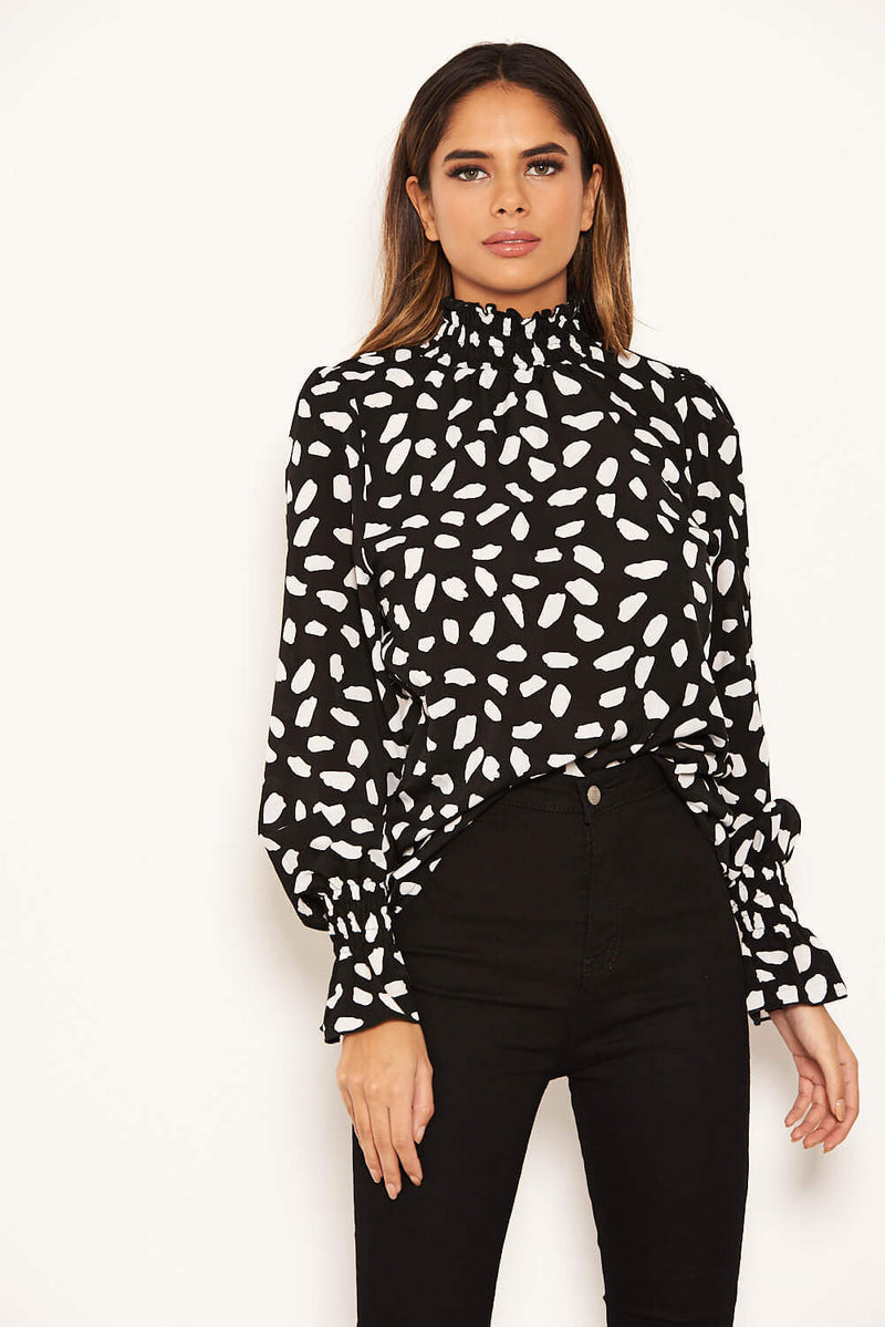 Black Patterned High Neck Top