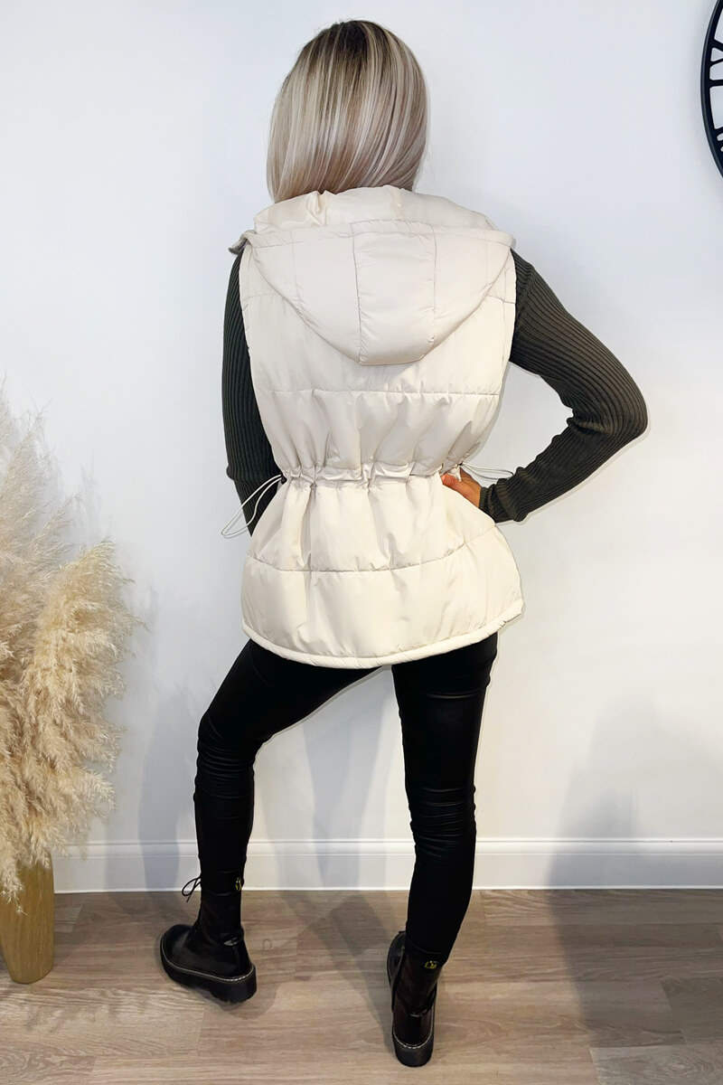 Beige Drawstring Waist Hooded Gilet