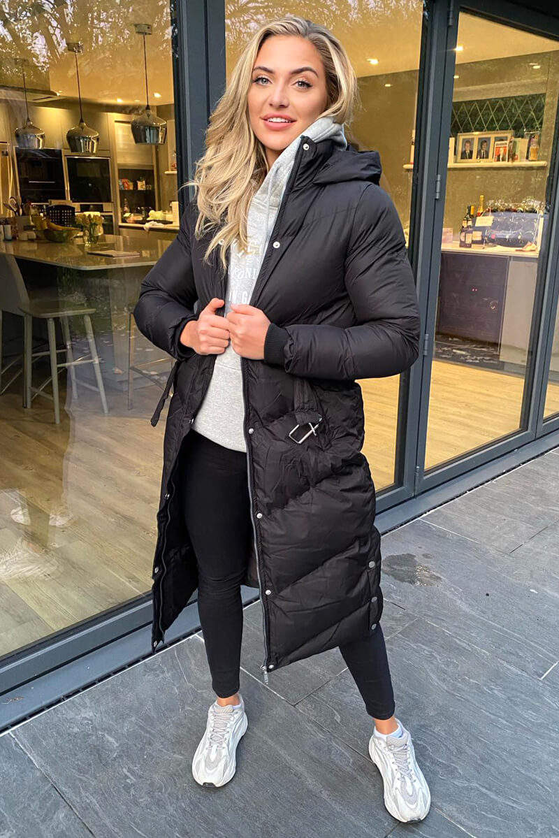 Black Belted Long Puffer Coat AX Paris