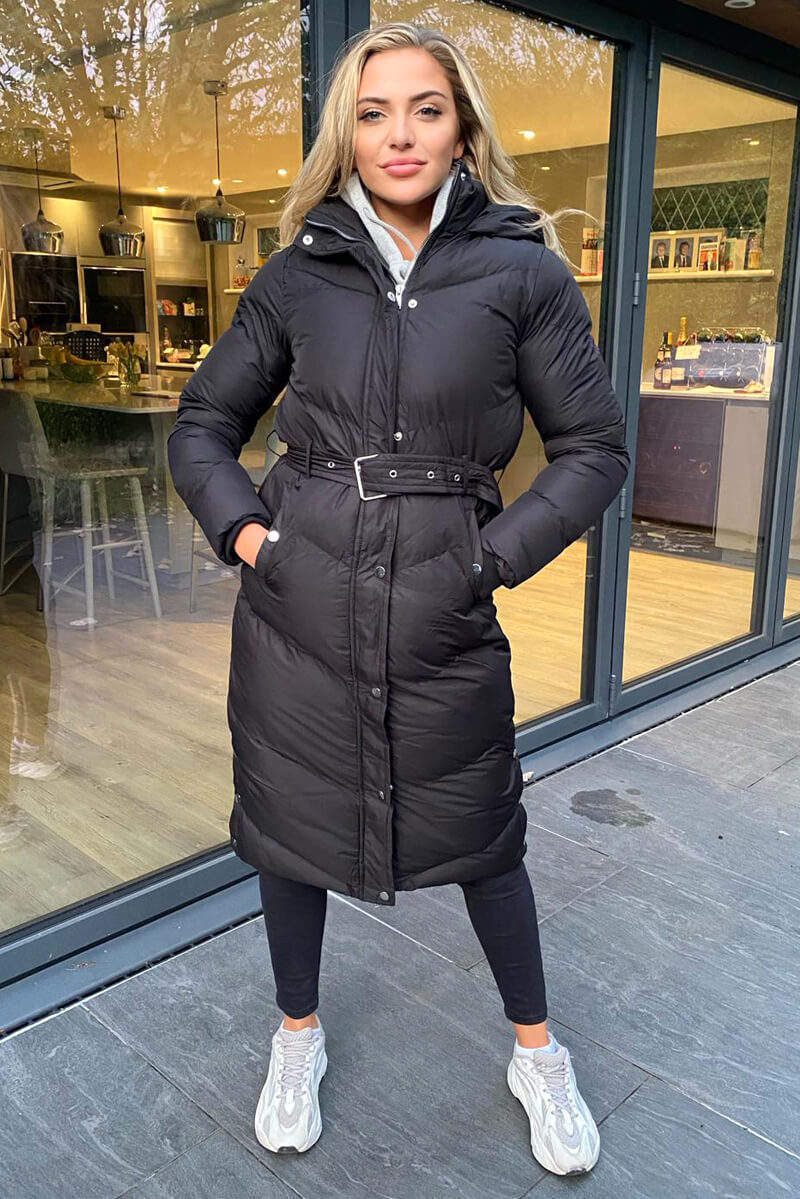 Black Belted Long Puffer Coat AX Paris