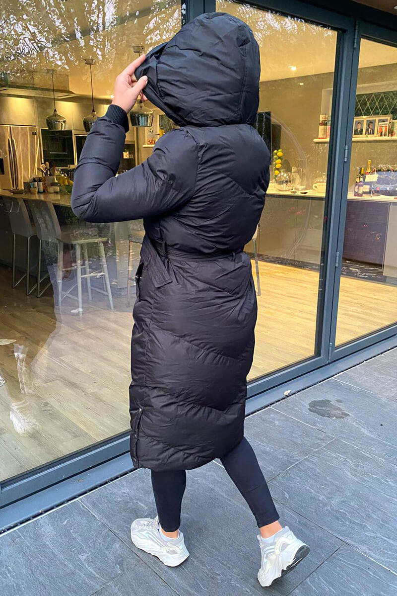 Long puffer coat with belt on sale