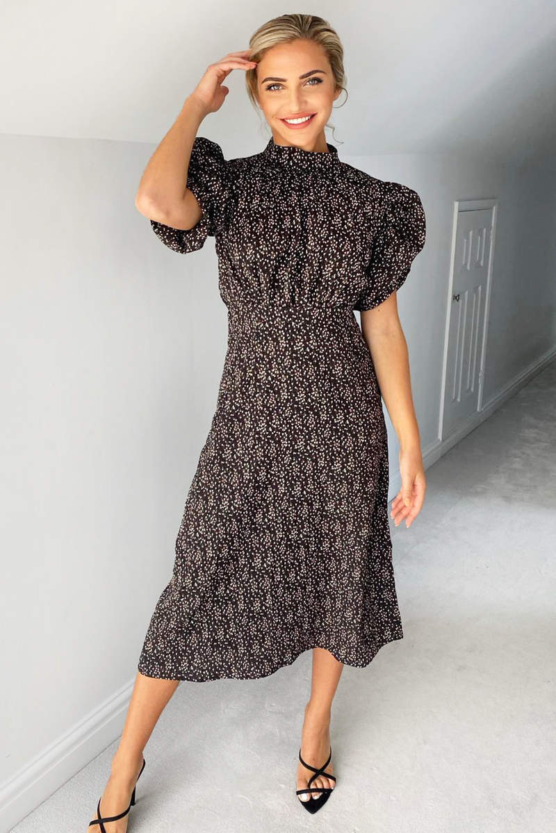 Black Ditsy Floral Puff Sleeve Midi Dress AX Paris