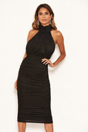 Black Sparkle High Neck Ruched Midi Dress