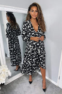 Black and White Printed Wrap Midi Dress