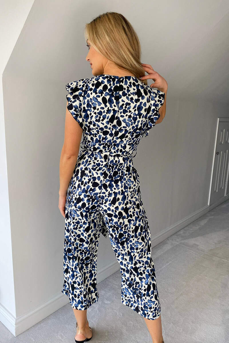 Blue Printed Belted Wrap Jumpsuit