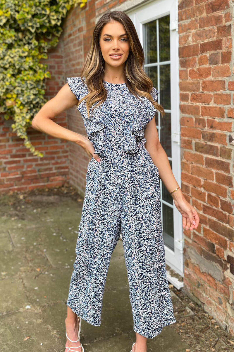 Blue Printed Frill Front Jumpsuit AX Paris