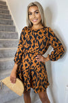 Camel Animal Print Pleated Skater Dress