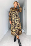 Camel Leopard Print Silky High Neck Dress