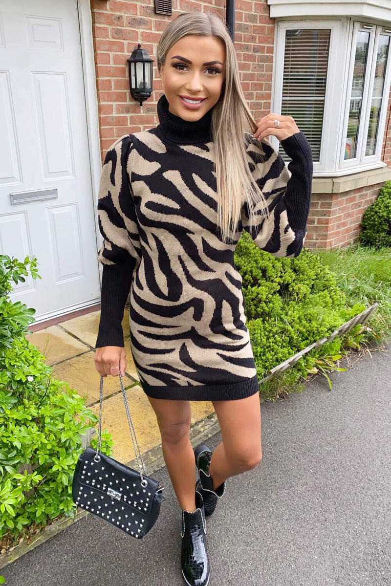 Camel Zebra Print Puff Sleeve Knitted Dress