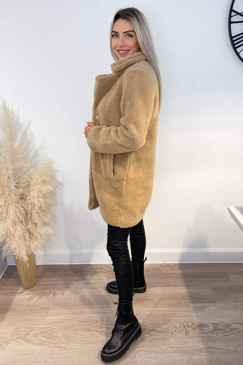 Caramel Teddy Faux Fur Coat With Collar