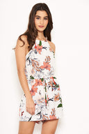 Cream and Pink Floral Tie Waist Playsuit