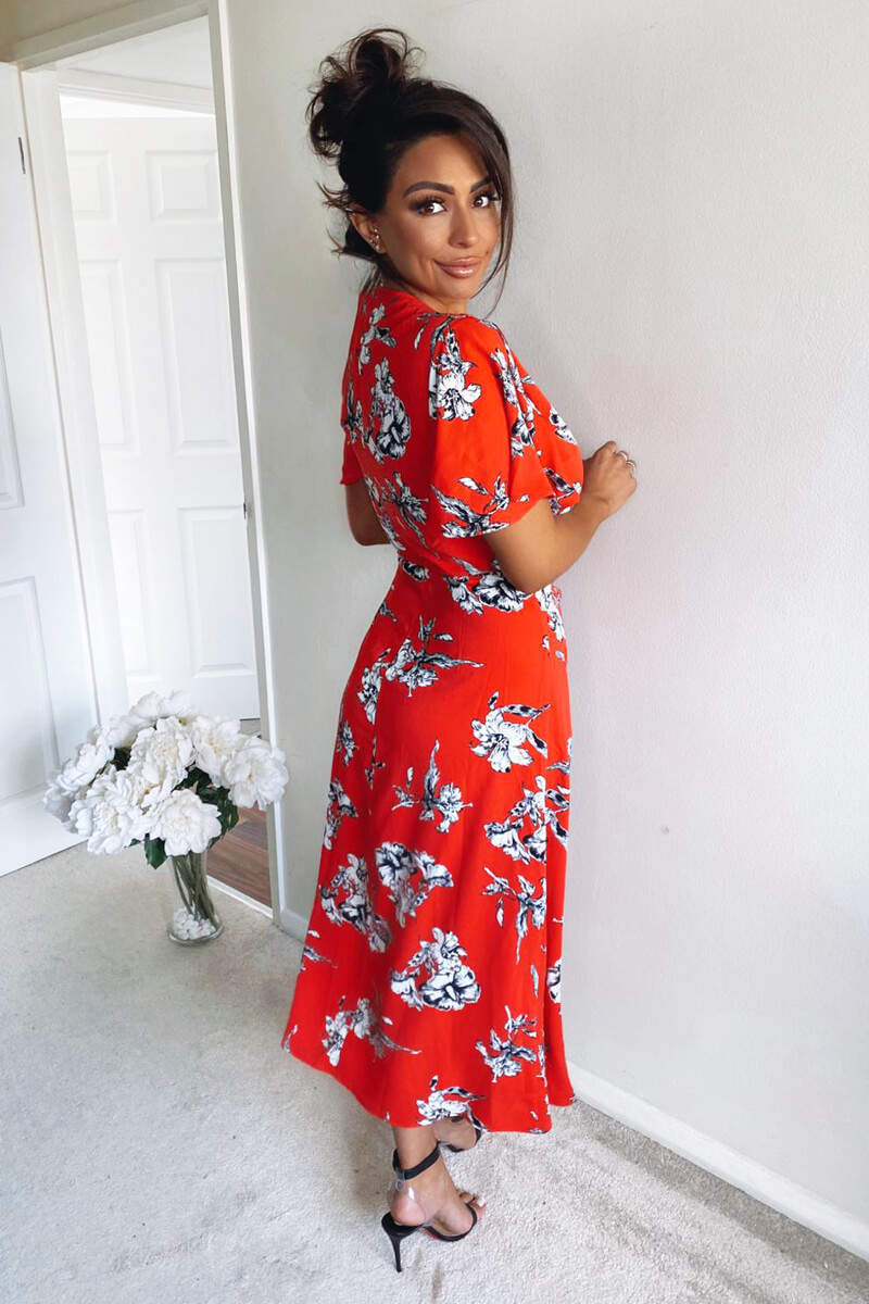 Red Floral Print Bell Sleeve Midi Dress