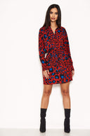 Red Animal Print Tie Waist Shirt Dress