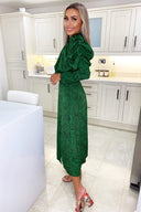 Green Animal Print Gathered Sleeve Split Midi Dress